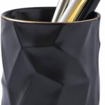 Ceramic Irregular Round Pen Holder For Desk Cute Stand Gold Line Aesthetic Pencil Cup Pot Desk Organizer for Men Women Makeup Brush Holder (Black)