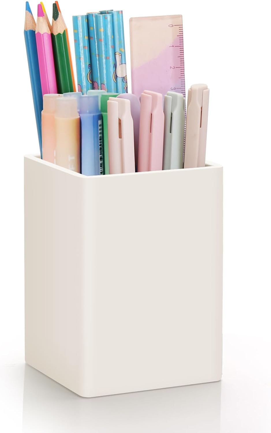 51wrs39BNsL._AC_SL1500_.jpg Desktop Pen Holder — Nordic elegant style, square silicone soft and minimalist pen holder — waterproof multi-functional desktop pen and cup organizer, suitable for home, children and school office supplies (beige): Office Supplies - Image 1