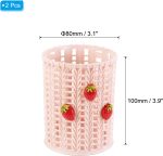 Pen holder (2-pack) — cute strawberry-shaped plastic desktop pen holder, mesh design, also serves as makeup brush and stationery storage (pink): Office Supplies - Image 2