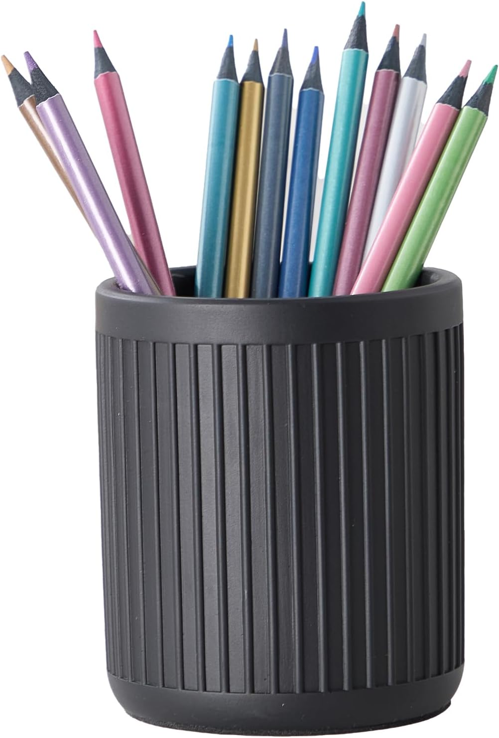 61uU29ITTL._AC_SL1500_.jpg Modern industrial style concrete desktop pen holder, aesthetically minimalist charcoal black design, handmade cement groove texture pen cup storage, surface sealed treatment, sturdy and durable: Office Supplies - Image 1