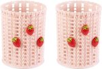 Pen holder (2-pack) — cute strawberry-shaped plastic desktop pen holder, mesh design, also serves as makeup brush and stationery storage (pink): Office Supplies