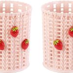 Pen holder (2-pack) — cute strawberry-shaped plastic desktop pen holder, mesh design, also serves as makeup brush and stationery storage (pink): Office Supplies