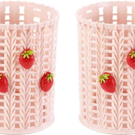Pen holder (2-pack) — cute strawberry-shaped plastic desktop pen holder, mesh design, also serves as makeup brush and stationery storage (pink): Office Supplies
