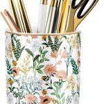 Large Capacity Colored Pen Holder for Desk, Ceramic Pencil Holder Pen Cup Marker Holder Makeup Brush Holders, Desk Accessories & Workspace Organizers for Home, Office, White Flower